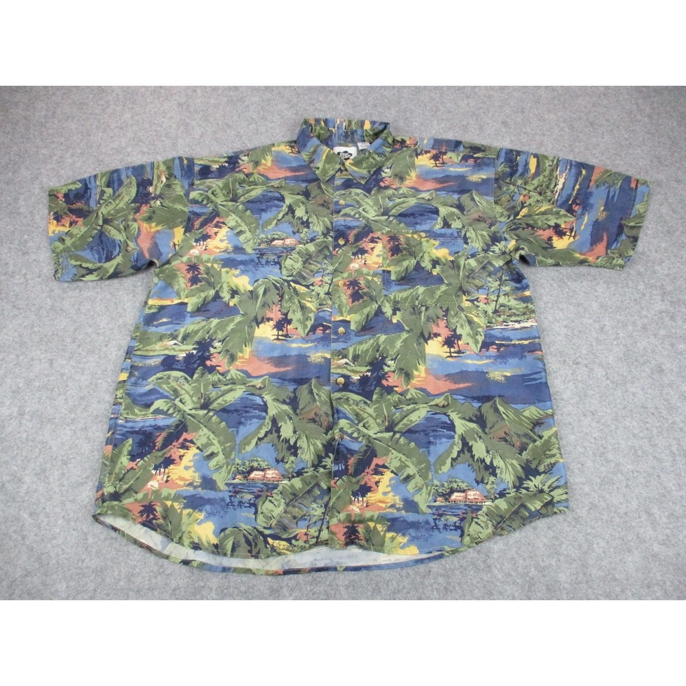 Hilo Hattie Shirt Mens Extra Large Green Blue Silk Floral Hawaiian Island Beach